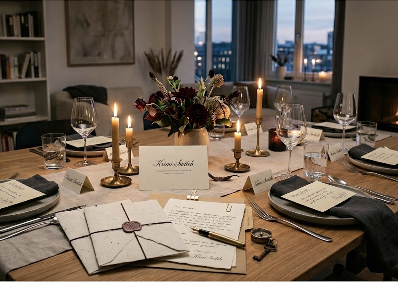 Gedeckter Tisch mit Krimi Switch Materialien — Umschläge, Wachssiegel und Rollenhefte bei Kerzenschein